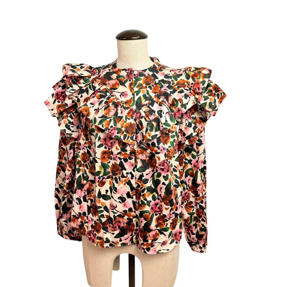 Something Navy Floral Ruffle Blouse Cream Multi SWET001739 Womens Size Small NWT